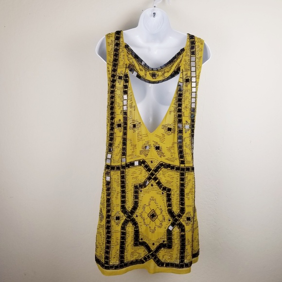 Free People MUSTARD Gold SEQUIN BLACK MINI DRESS - Picture 6 of 8